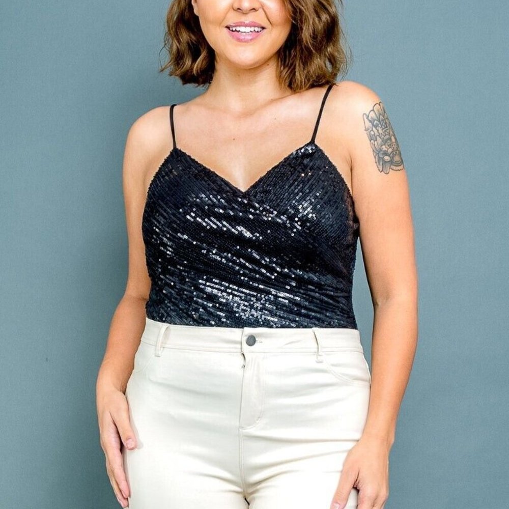 Sequined Spaghetti Strap Surplice V Neck Bodysuit With Snap crotch 2XL